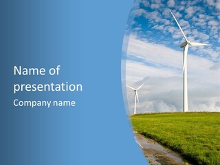 Beautiful Green Meadow With Wind Turbines Generating Electricity PowerPoint Template