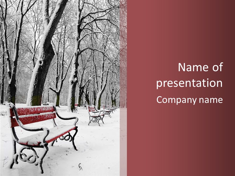 Red Benches In A Park Covered With Snow PowerPoint Template