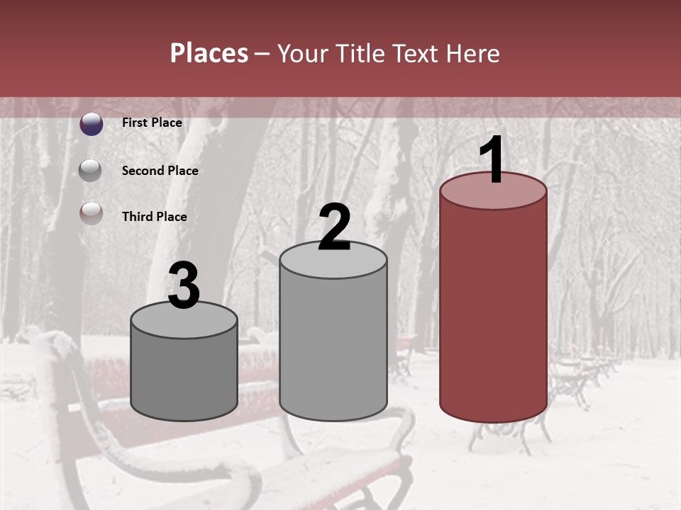 Red Benches In A Park Covered With Snow PowerPoint Template