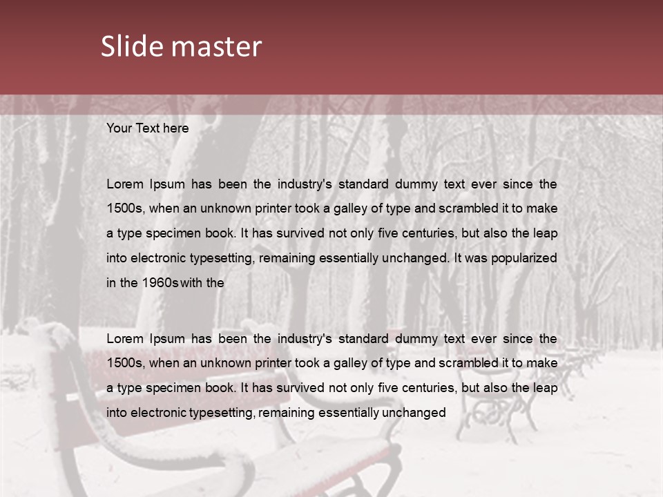 Red Benches In A Park Covered With Snow PowerPoint Template