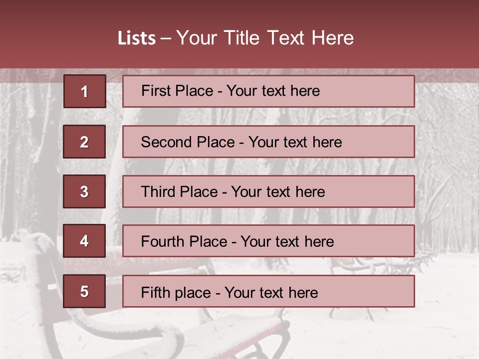 Red Benches In A Park Covered With Snow PowerPoint Template