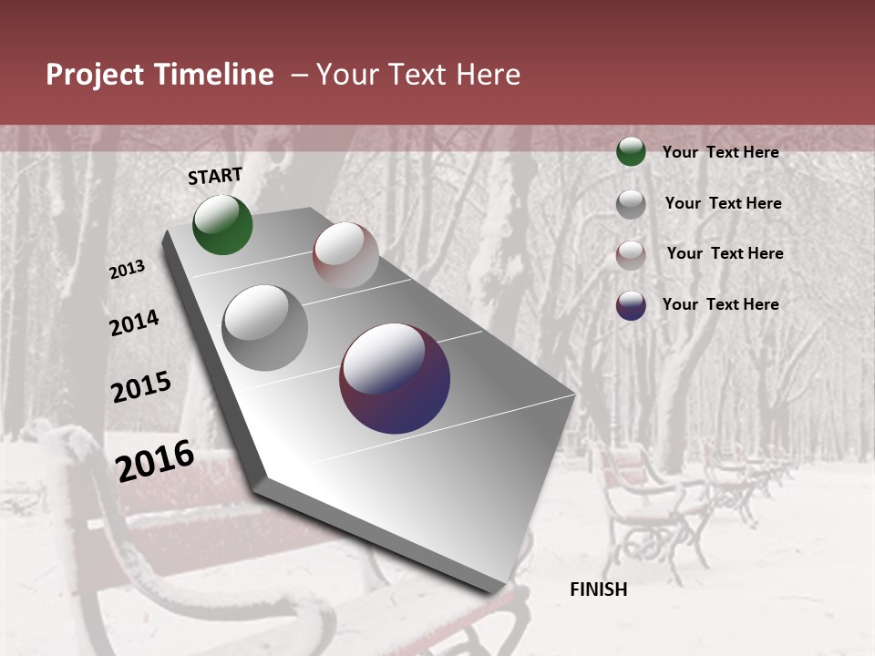 Red Benches In A Park Covered With Snow PowerPoint Template