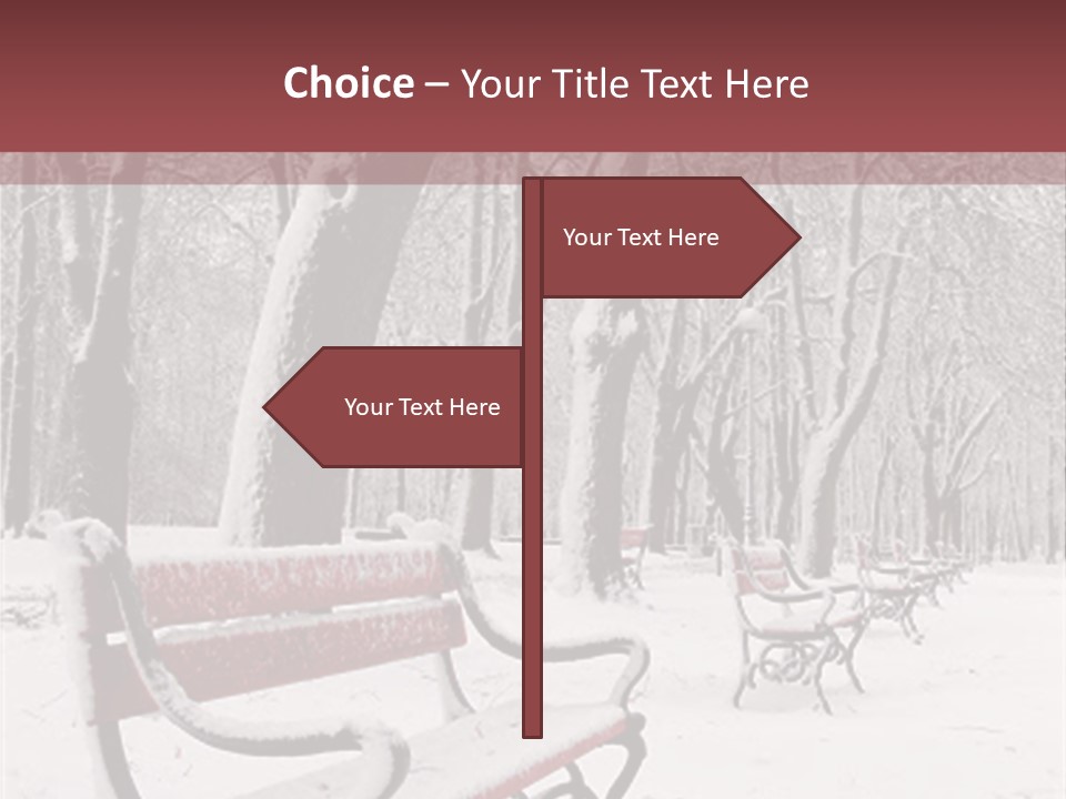 Red Benches In A Park Covered With Snow PowerPoint Template