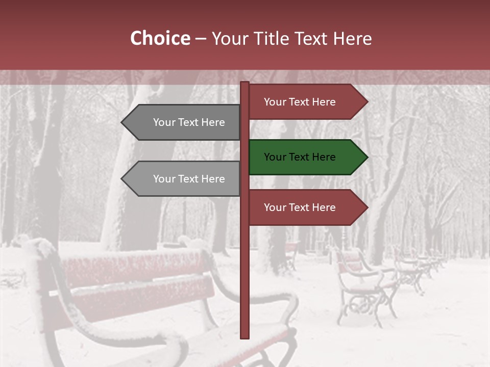Red Benches In A Park Covered With Snow PowerPoint Template