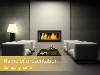 Modern Interior With Fireplace 3D Rendering. PowerPoint Template