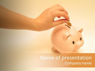 Hand Putting Coin Into Piggy Bank. PowerPoint Template