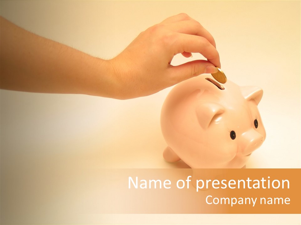 Hand Putting Coin Into Piggy Bank. PowerPoint Template