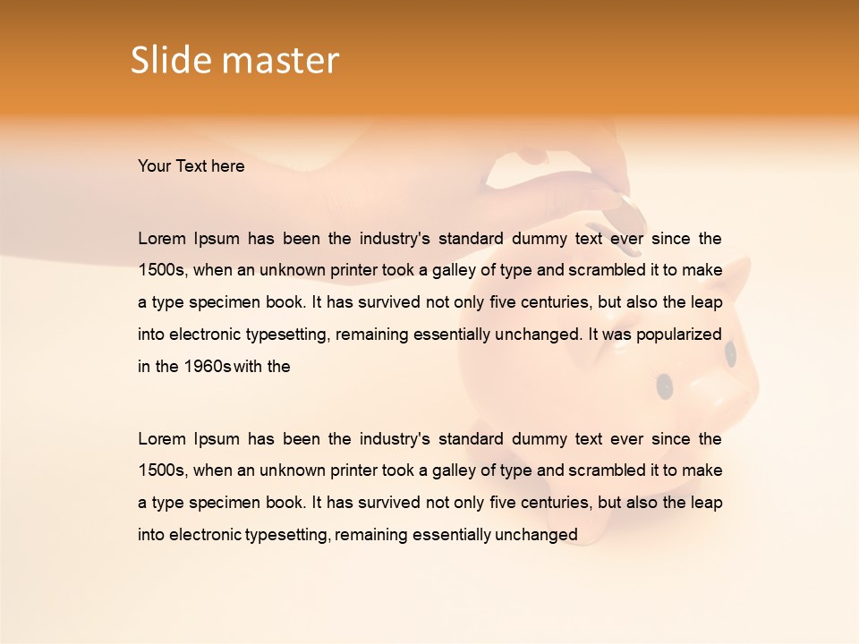 Hand Putting Coin Into Piggy Bank. PowerPoint Template