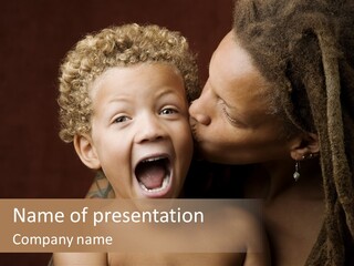 A Woman Kissing A Child With Her Mouth Open PowerPoint Template