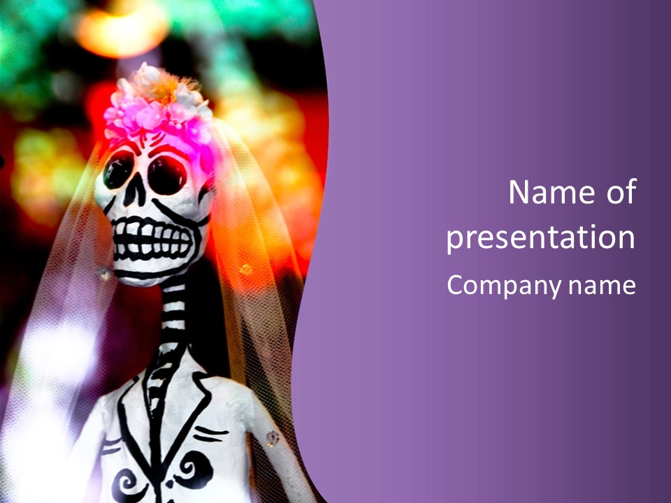 Festive Skeleton Bride And Flowers On A Colorful Background Perfect For Dia-De-Los-Muertos PowerPoint Template