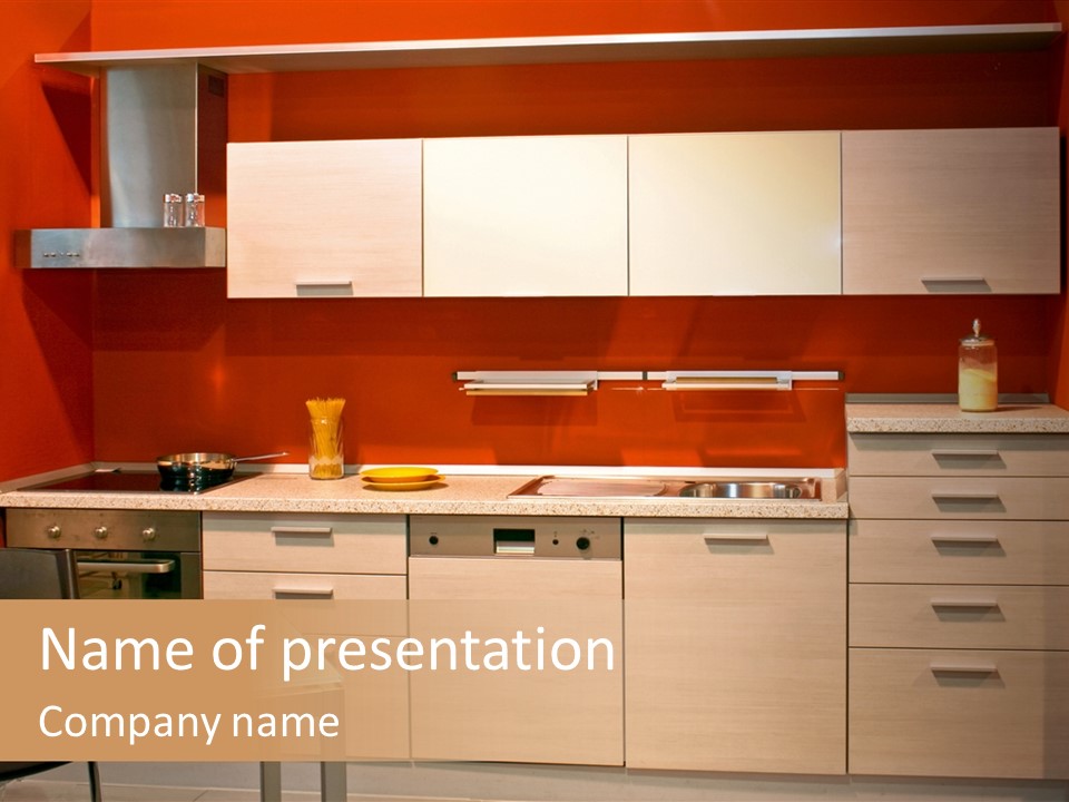 Small Modern Kitchen In Red Wall Apartment PowerPoint Template