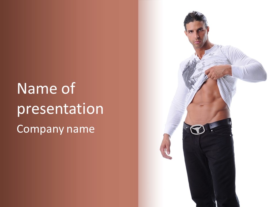 Muscular Young Man Standing In Black Jeans And Removing A White Long Sleeve T-Shirt PowerPoint Template