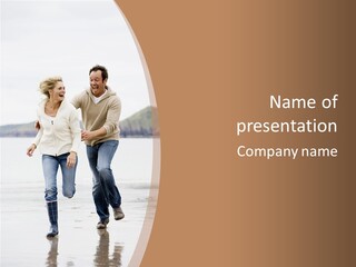 Couple Running On Beach Holding Hands Smiling PowerPoint Template