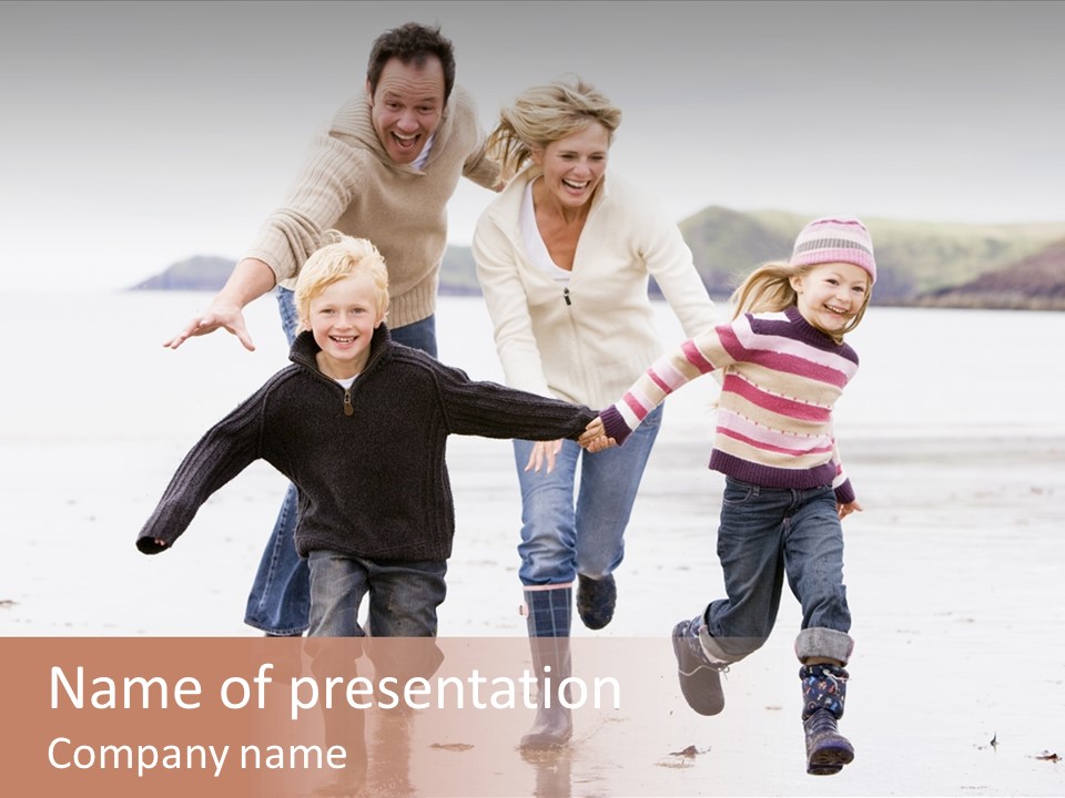 Family Running On Beach Holding Hands Smiling PowerPoint Template