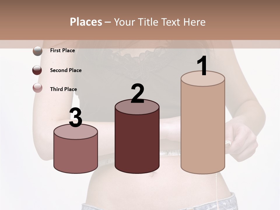 Pretty Brunette Measuring Her Waist Wearing Jeans Shorts And Brown Top PowerPoint Template