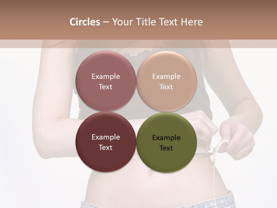 Pretty Brunette Measuring Her Waist Wearing Jeans Shorts And Brown Top PowerPoint Template