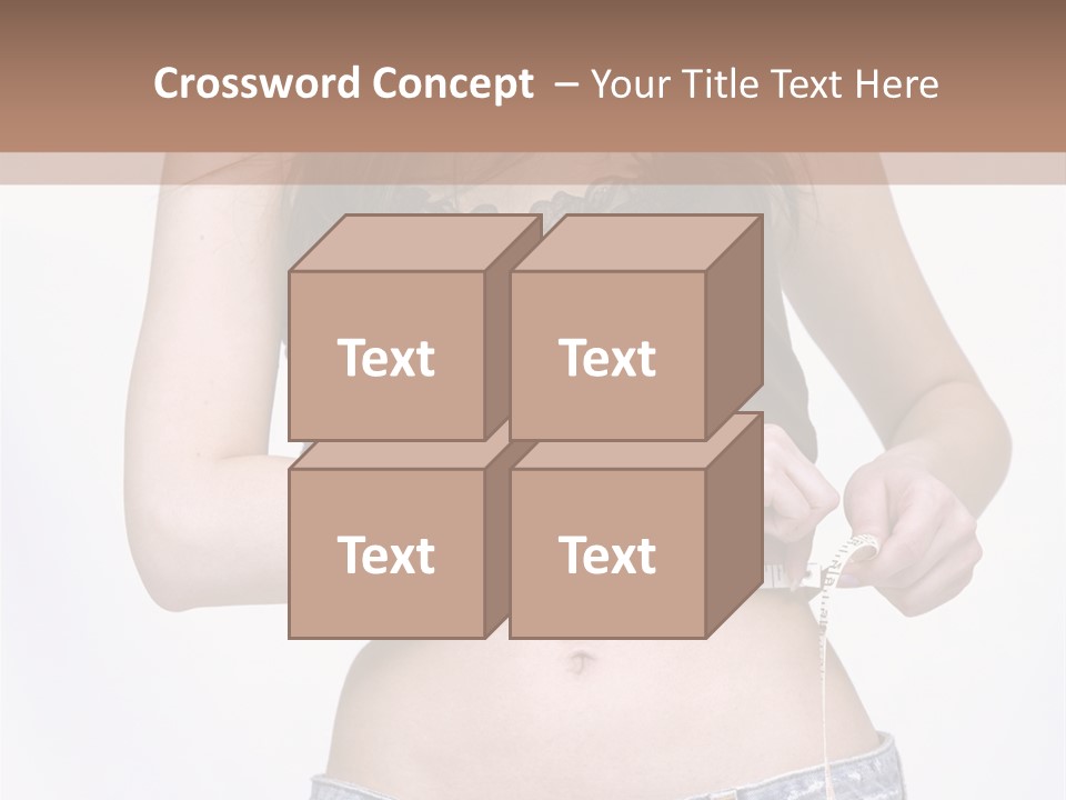 Pretty Brunette Measuring Her Waist Wearing Jeans Shorts And Brown Top PowerPoint Template