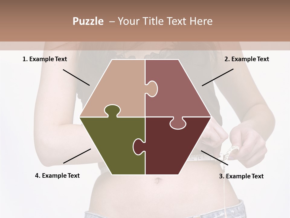 Pretty Brunette Measuring Her Waist Wearing Jeans Shorts And Brown Top PowerPoint Template