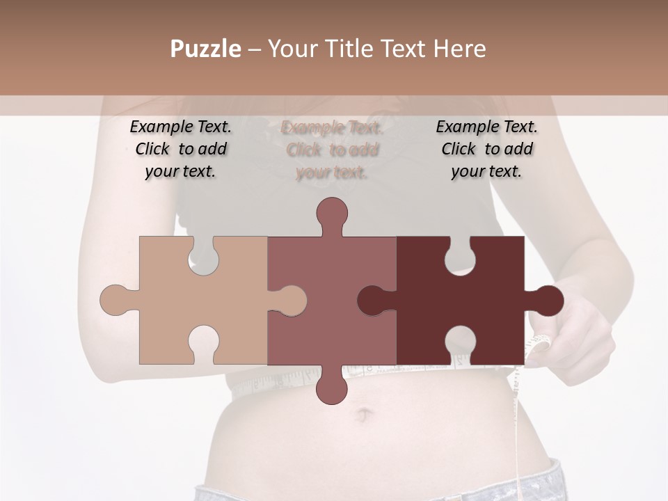 Pretty Brunette Measuring Her Waist Wearing Jeans Shorts And Brown Top PowerPoint Template