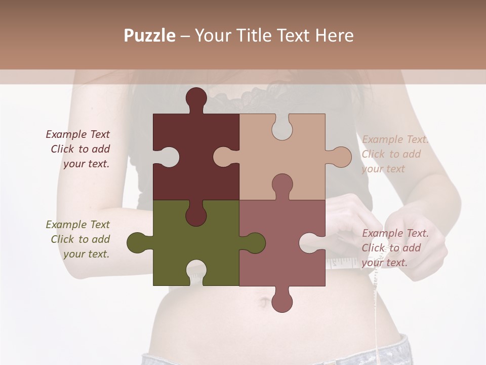 Pretty Brunette Measuring Her Waist Wearing Jeans Shorts And Brown Top PowerPoint Template