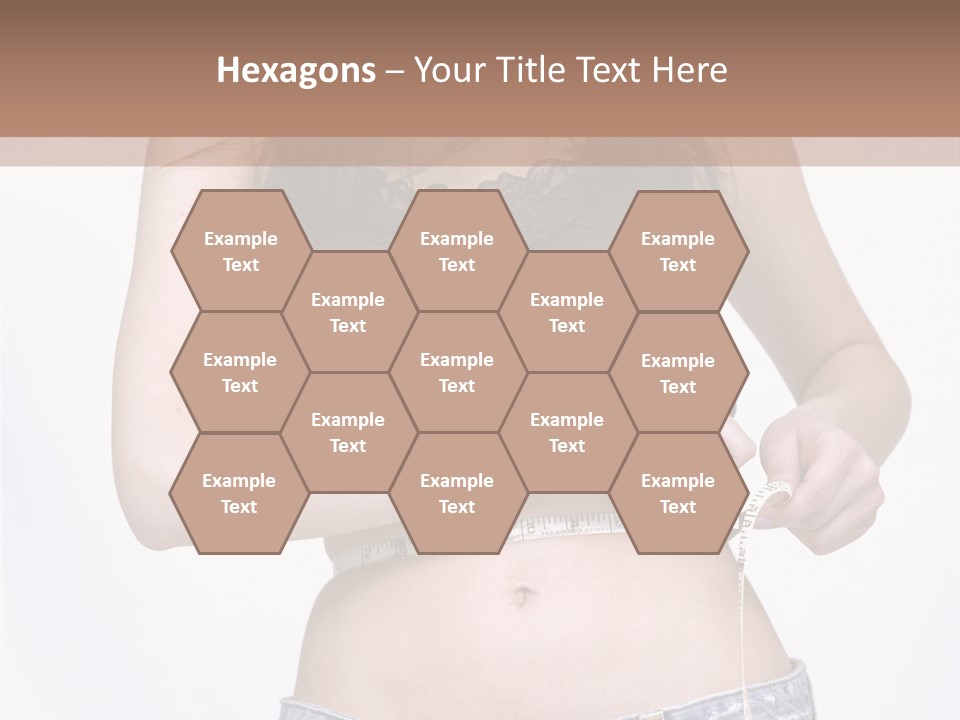 Pretty Brunette Measuring Her Waist Wearing Jeans Shorts And Brown Top PowerPoint Template