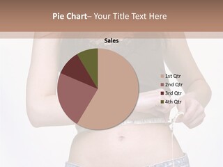 Pretty Brunette Measuring Her Waist Wearing Jeans Shorts And Brown Top PowerPoint Template