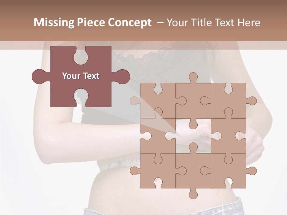 Pretty Brunette Measuring Her Waist Wearing Jeans Shorts And Brown Top PowerPoint Template