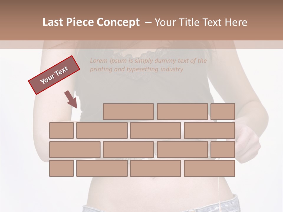 Pretty Brunette Measuring Her Waist Wearing Jeans Shorts And Brown Top PowerPoint Template