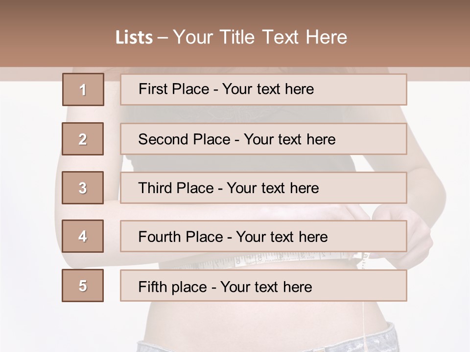 Pretty Brunette Measuring Her Waist Wearing Jeans Shorts And Brown Top PowerPoint Template