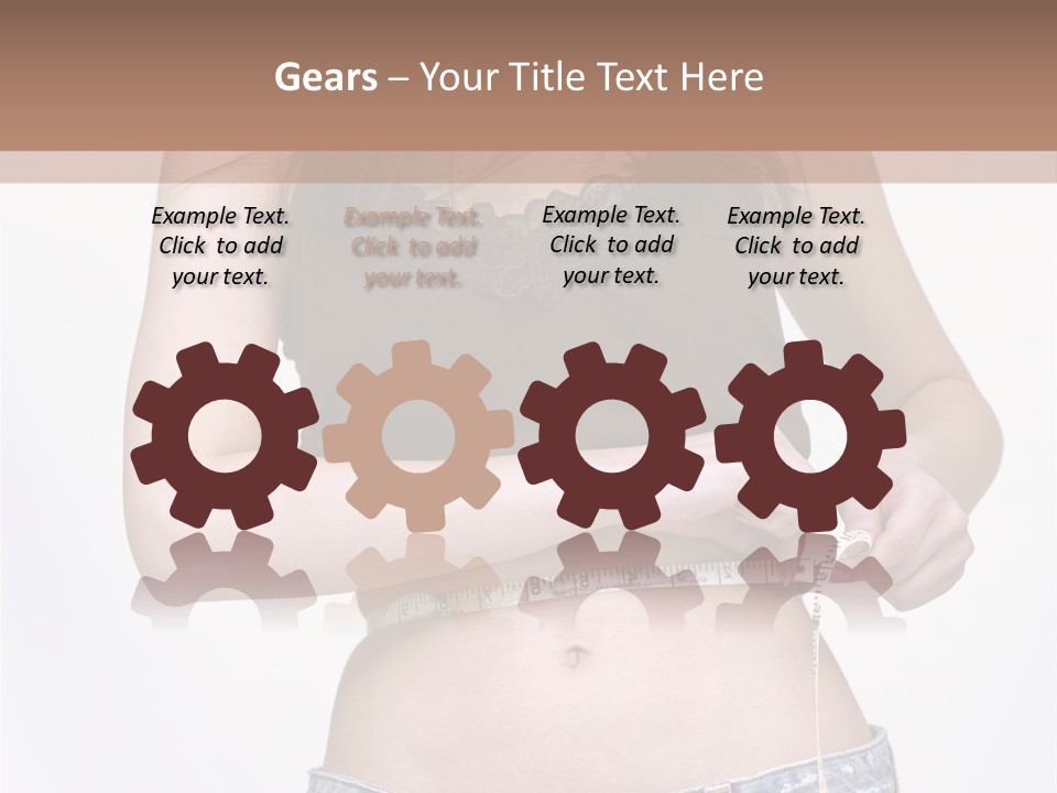 Pretty Brunette Measuring Her Waist Wearing Jeans Shorts And Brown Top PowerPoint Template