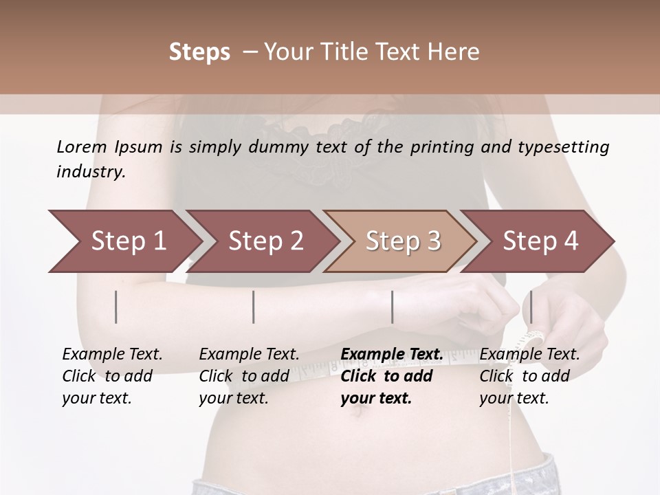 Pretty Brunette Measuring Her Waist Wearing Jeans Shorts And Brown Top PowerPoint Template