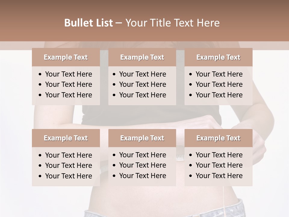 Pretty Brunette Measuring Her Waist Wearing Jeans Shorts And Brown Top PowerPoint Template