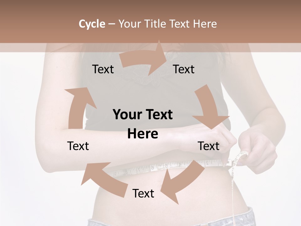 Pretty Brunette Measuring Her Waist Wearing Jeans Shorts And Brown Top PowerPoint Template