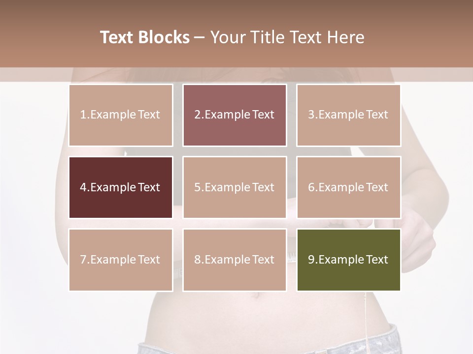 Pretty Brunette Measuring Her Waist Wearing Jeans Shorts And Brown Top PowerPoint Template
