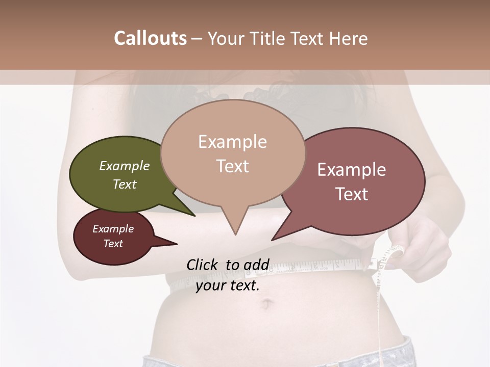 Pretty Brunette Measuring Her Waist Wearing Jeans Shorts And Brown Top PowerPoint Template