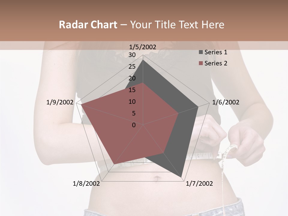 Pretty Brunette Measuring Her Waist Wearing Jeans Shorts And Brown Top PowerPoint Template