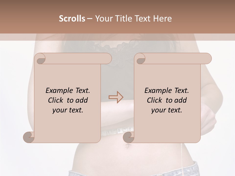 Pretty Brunette Measuring Her Waist Wearing Jeans Shorts And Brown Top PowerPoint Template