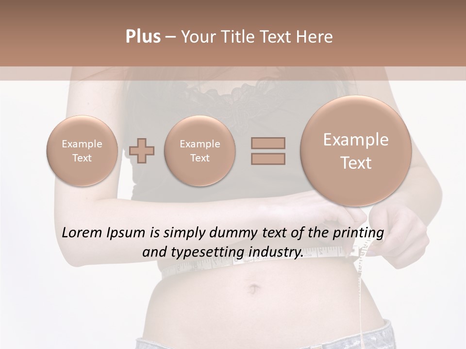 Pretty Brunette Measuring Her Waist Wearing Jeans Shorts And Brown Top PowerPoint Template