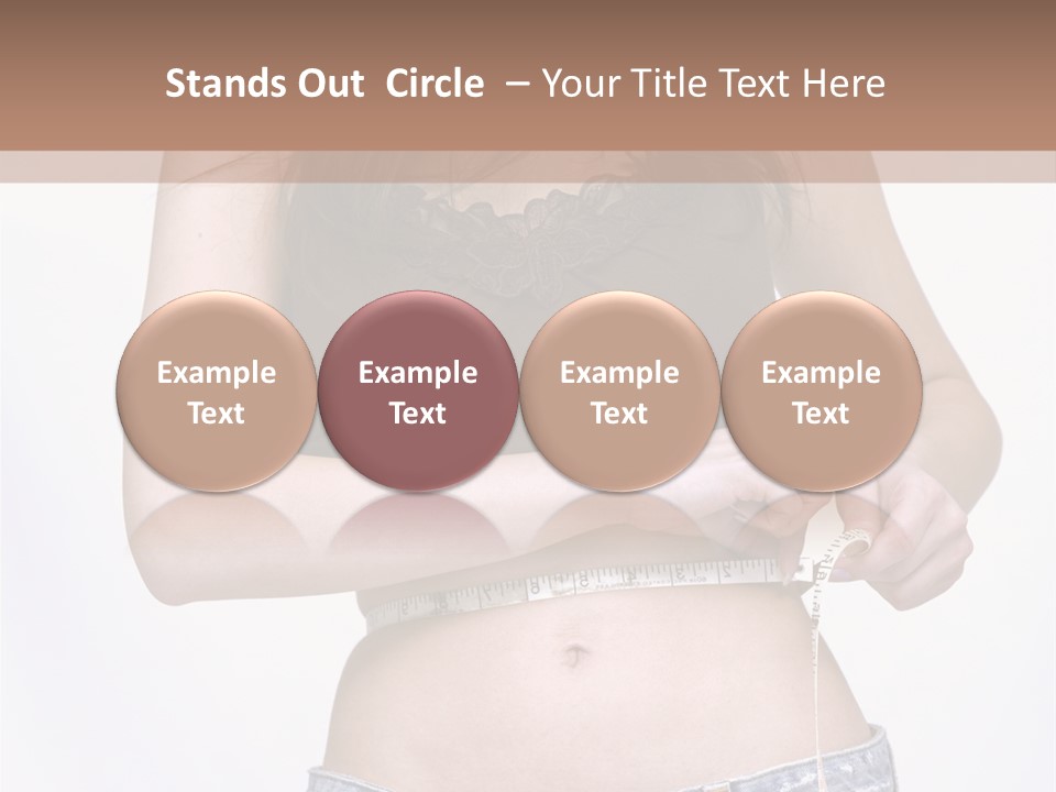 Pretty Brunette Measuring Her Waist Wearing Jeans Shorts And Brown Top PowerPoint Template