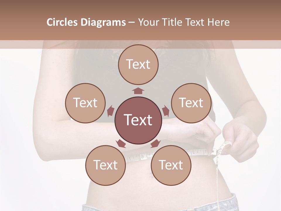 Pretty Brunette Measuring Her Waist Wearing Jeans Shorts And Brown Top PowerPoint Template