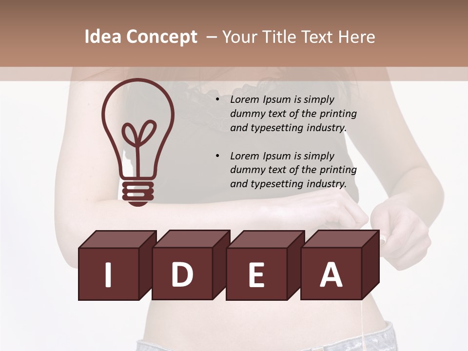 Pretty Brunette Measuring Her Waist Wearing Jeans Shorts And Brown Top PowerPoint Template