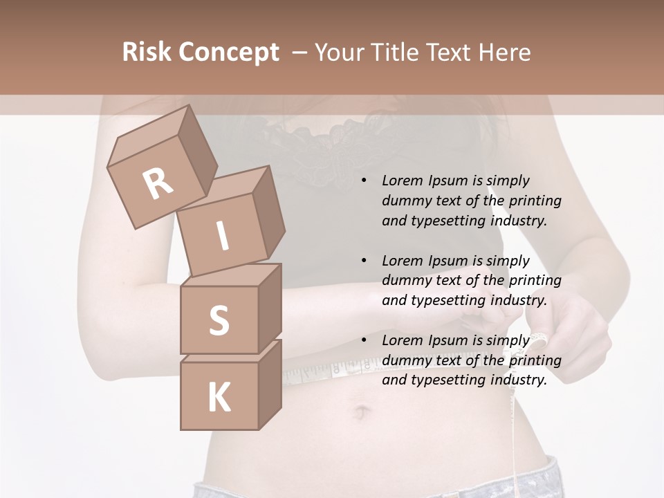 Pretty Brunette Measuring Her Waist Wearing Jeans Shorts And Brown Top PowerPoint Template