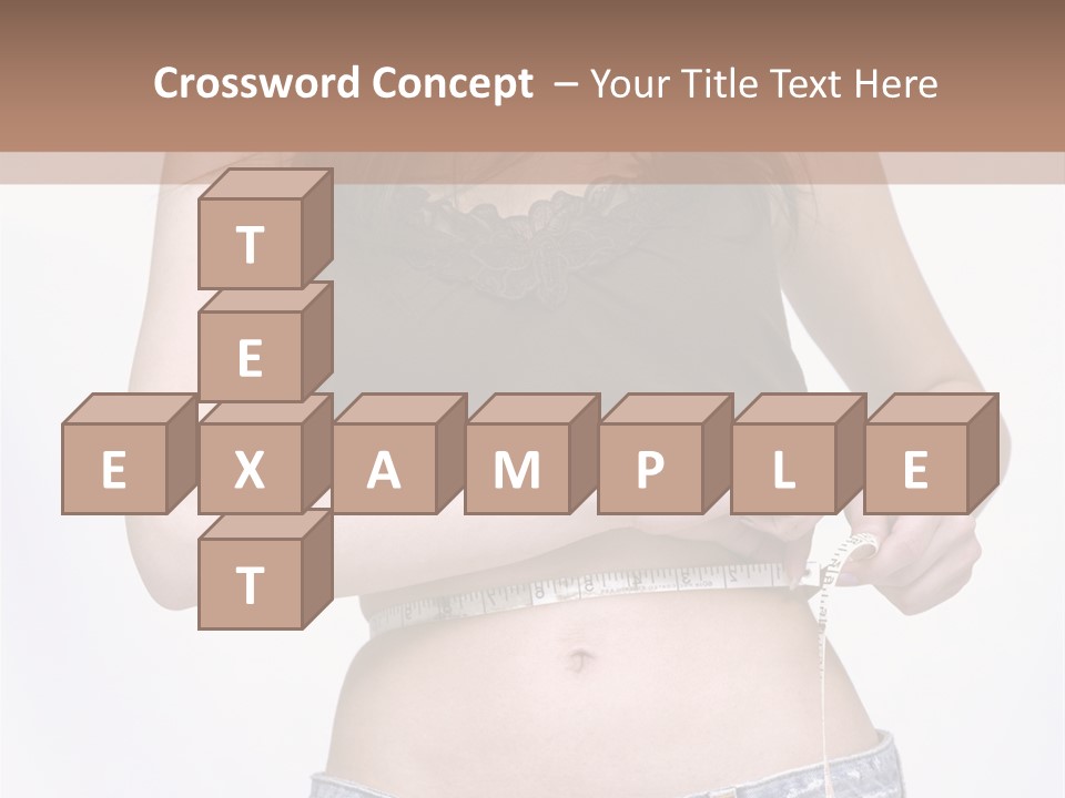 Pretty Brunette Measuring Her Waist Wearing Jeans Shorts And Brown Top PowerPoint Template