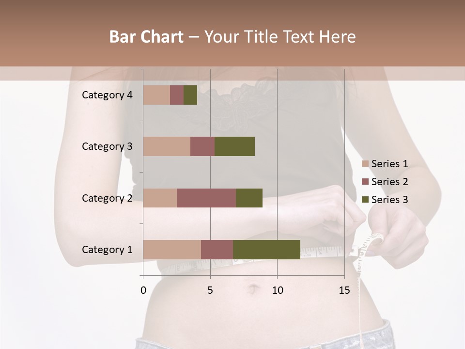 Pretty Brunette Measuring Her Waist Wearing Jeans Shorts And Brown Top PowerPoint Template