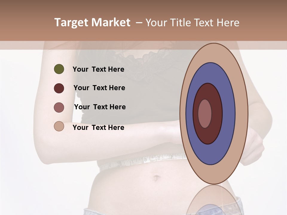 Pretty Brunette Measuring Her Waist Wearing Jeans Shorts And Brown Top PowerPoint Template