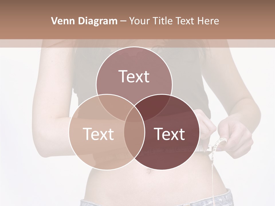 Pretty Brunette Measuring Her Waist Wearing Jeans Shorts And Brown Top PowerPoint Template
