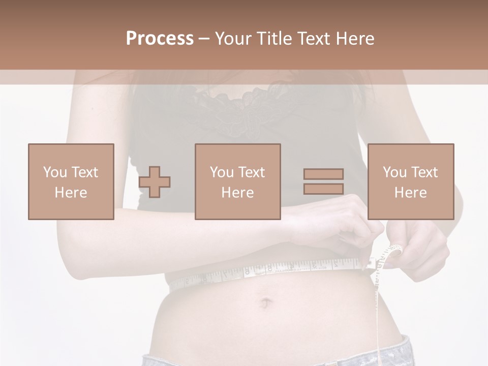 Pretty Brunette Measuring Her Waist Wearing Jeans Shorts And Brown Top PowerPoint Template