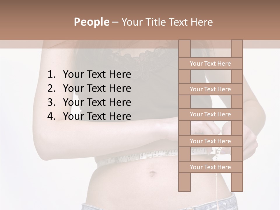 Pretty Brunette Measuring Her Waist Wearing Jeans Shorts And Brown Top PowerPoint Template