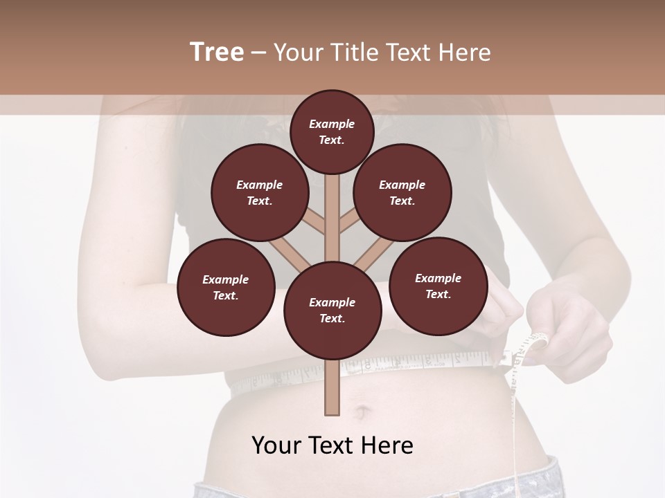 Pretty Brunette Measuring Her Waist Wearing Jeans Shorts And Brown Top PowerPoint Template