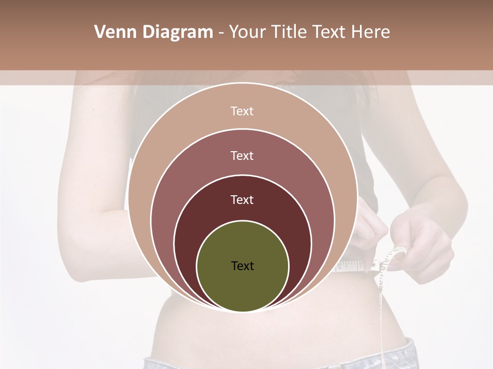 Pretty Brunette Measuring Her Waist Wearing Jeans Shorts And Brown Top PowerPoint Template